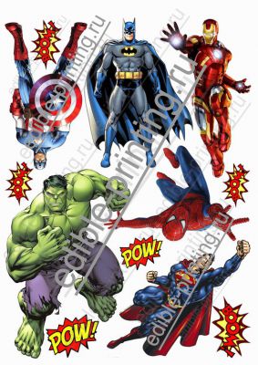 Картинка для торта Супергерои supergeroi005 Человек-паук, Бетмен, Халк, Капитан Амерка, Супермен, Железный человек (вафельные и сахарные картинки, шокотрансферная печать, бумага для меренги)