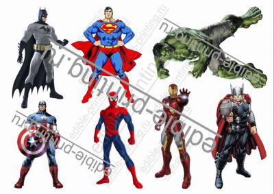 Картинка для торта Супергерои supergeroi001 Человек-паук, Бетмен, Халк, Капитан Амерка, Супермен, Железный человек, Тор