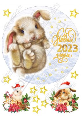 Картинка для торта Новый год (год кролика) ng052 Круглая картинка диаметром 20 см. Размер листа: формат А4 (макс. 20х28 см)