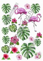 Фламинго, листья пальмы и цветы