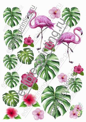 Фламинго, листья пальмы и цветы Подборка фламинго, цветы и листья пальмы для торта