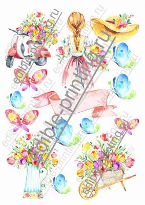 Картинки для торта &quot;Девушка с цветами и бабочками&quot;  Размер листа: формат А4 (макс. 20х28 см)